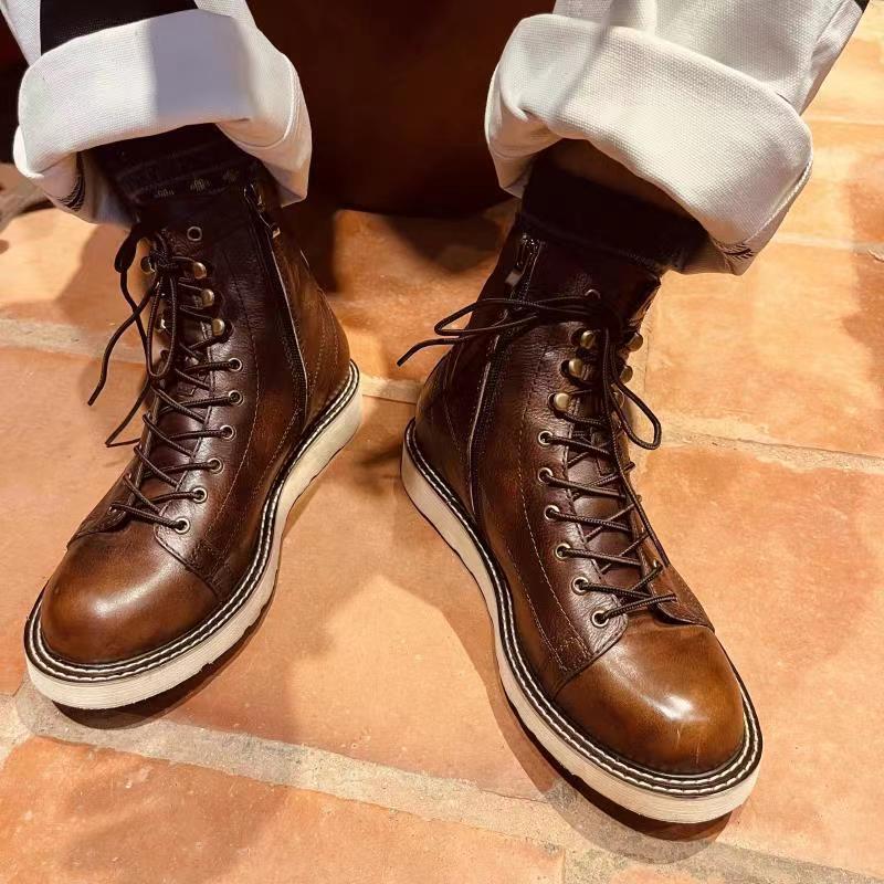 British Style Plus Velvet Leather Mid-top High-top Leather Boots