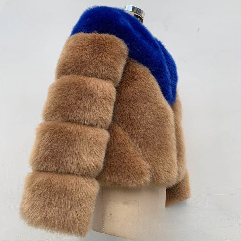 Color Matching Korean Casual Fox Fur Overcoat