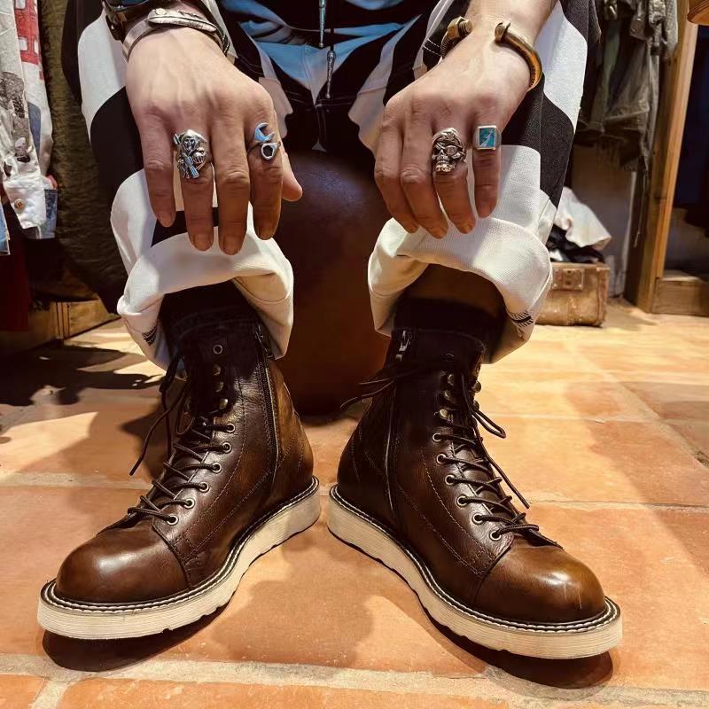 British Style Plus Velvet Leather Mid-top High-top Leather Boots