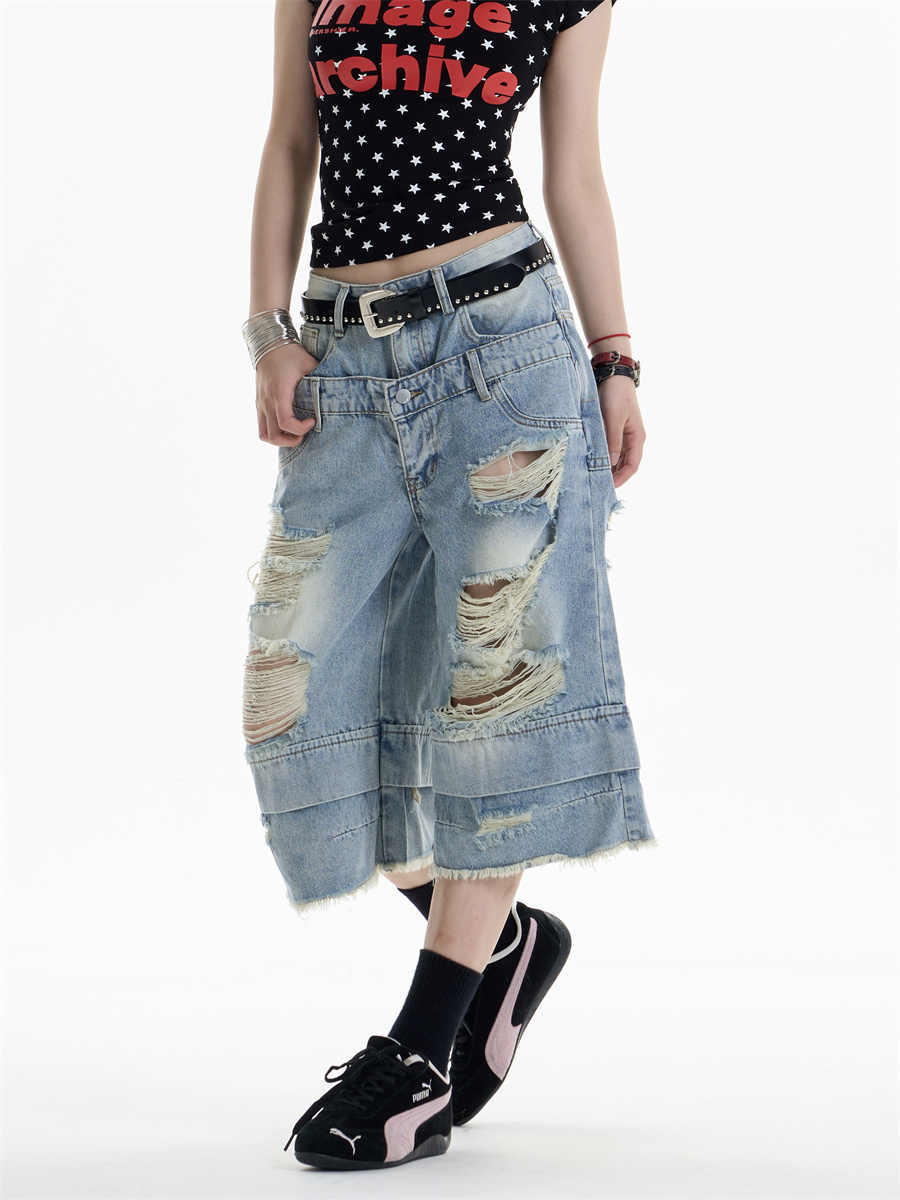 Ripped Denim Cropped Pants Women's Double Waist Loose Shorts