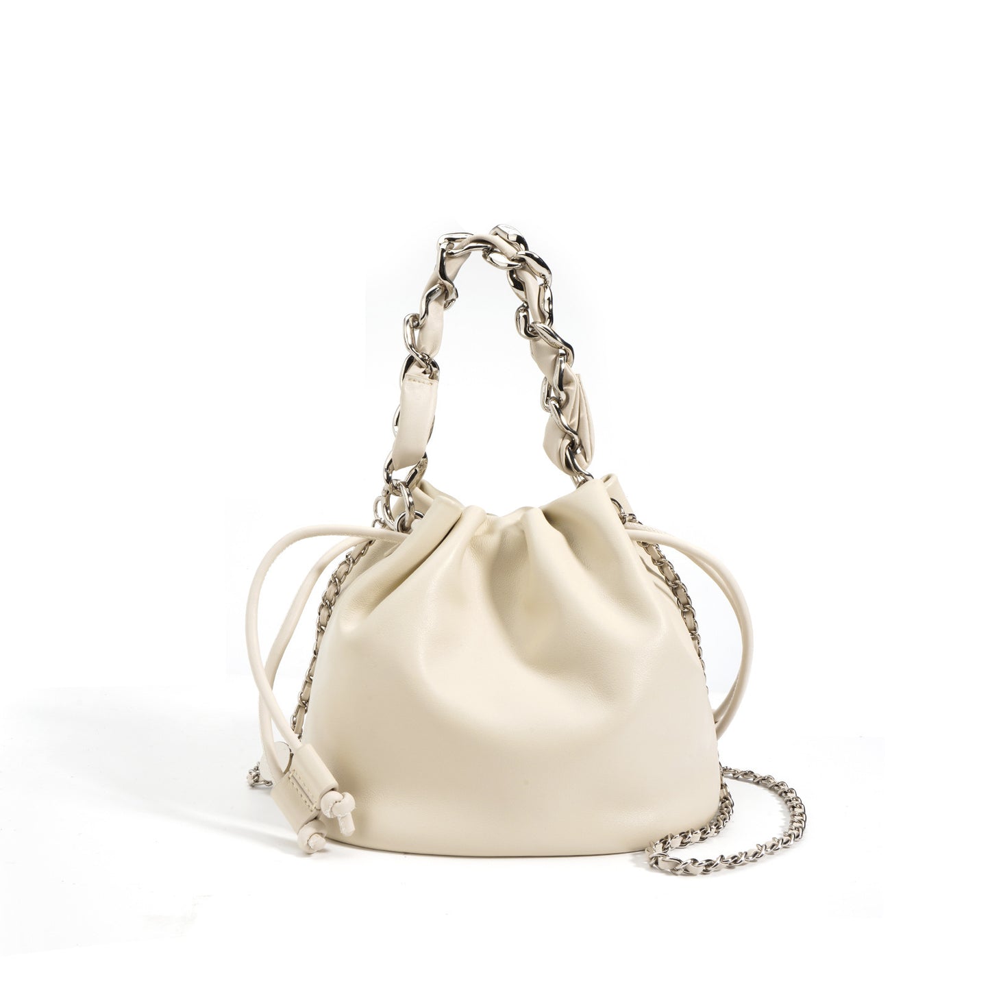 Chain-Handle Drawstring Bag — First-Layer Cowhide Leather