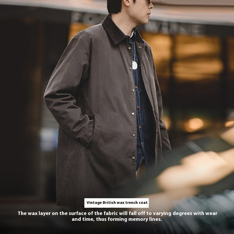 Retro Lapels Waterproof Oil Wax Trench Coat Brown Mid-length British Style Coat For Men Autumn