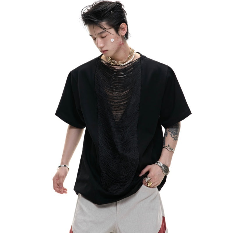 Hollow Out V-neck Short Sleeve Expensive High-end T-shirt Loose