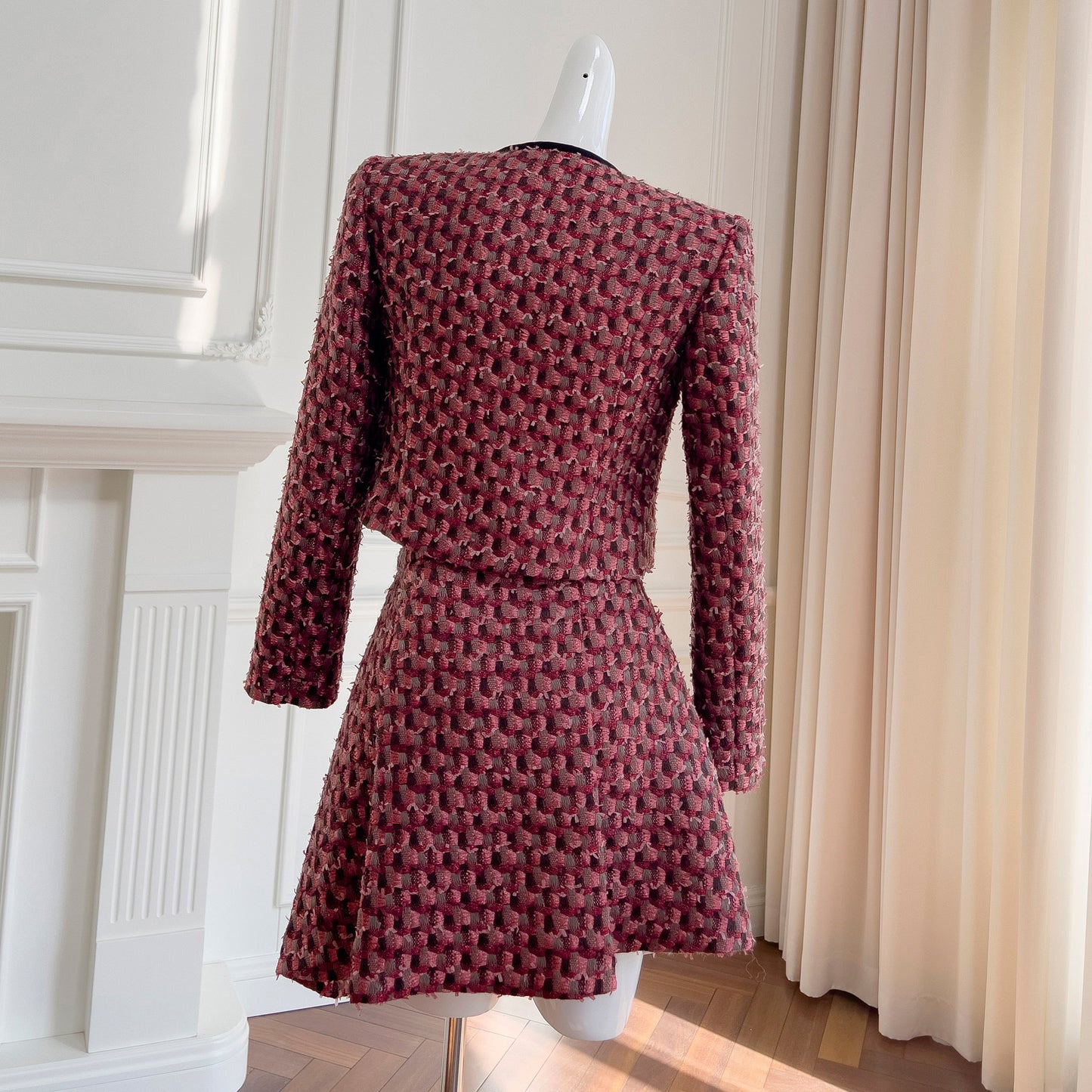 Red Tweed Long Sleeve Top Coat With Short Skirt
