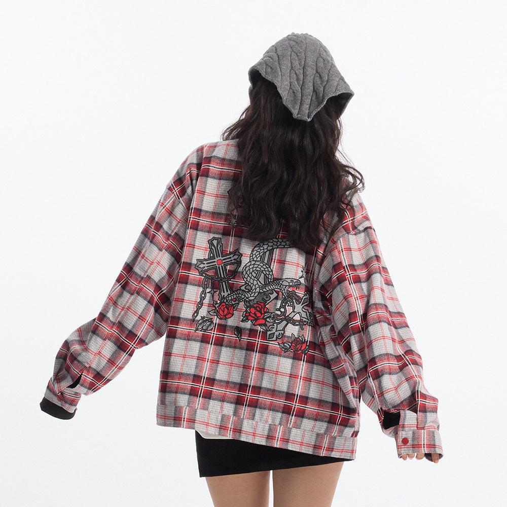Plaid Loose-fitting Jacket Long Sleeve Shirt For Men And Women