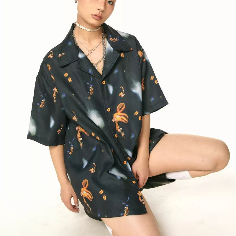 Vintage Print Short Sleeves Shirt Loose Casual