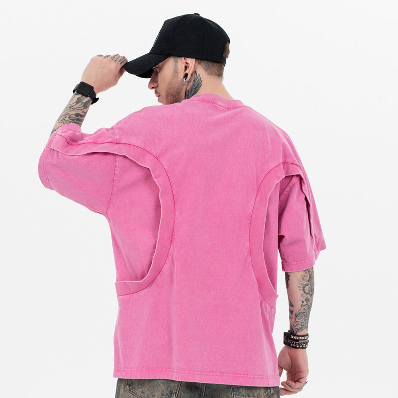 Stitching Deconstruction High Street European And American Solid Color Loose Round Neck Short Sleeve T-shirt