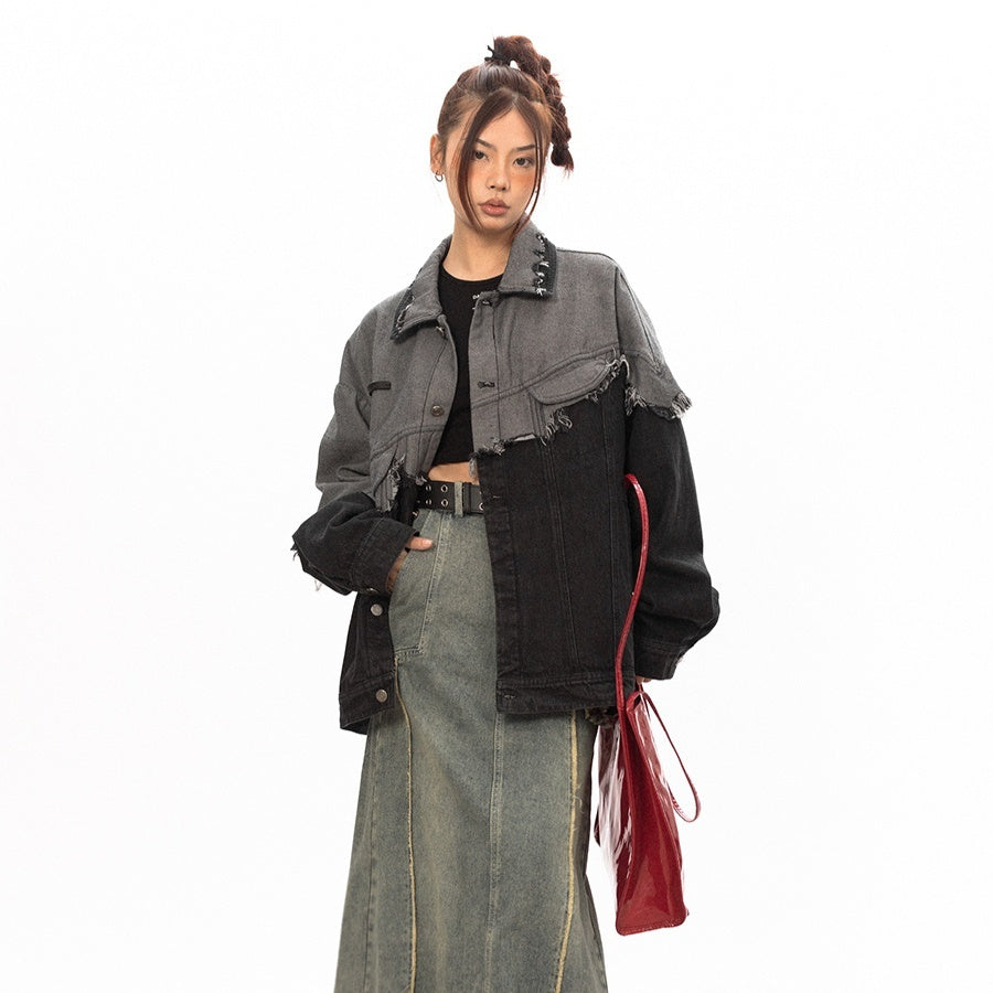 Stitching Design Contrast Color Damage Denim Coat