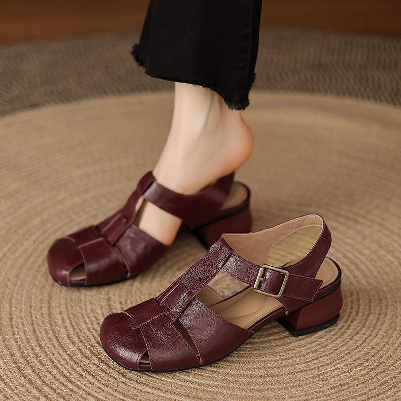Closed-Toe T-Strap Block Heel – First-Layer Cowhide with Pigskin Insole