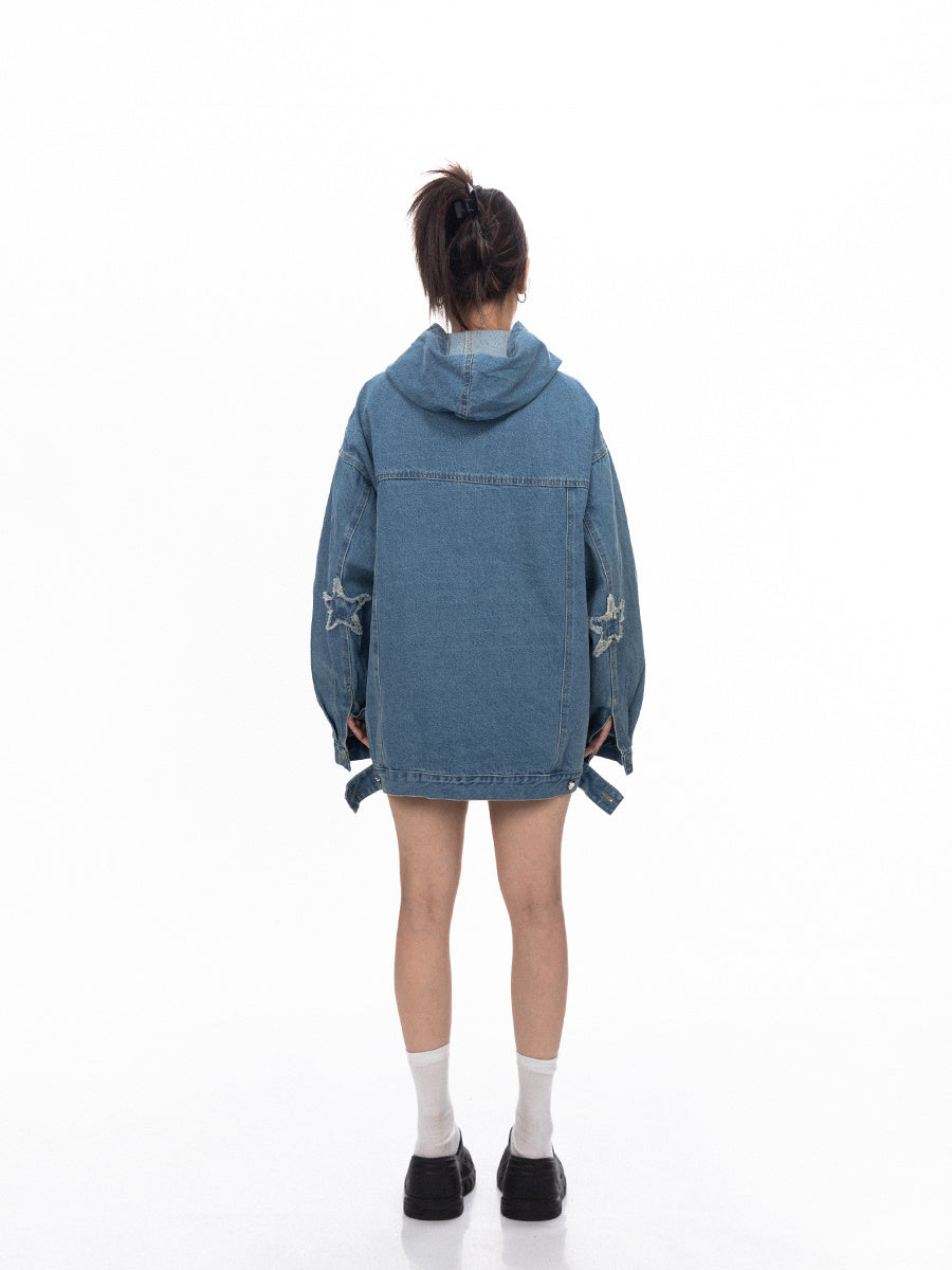 Retro Washed Loose Hooded Denim Top