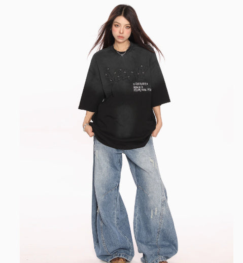 American Retro Distressed Gradient Rivet Letter Short Sleeve