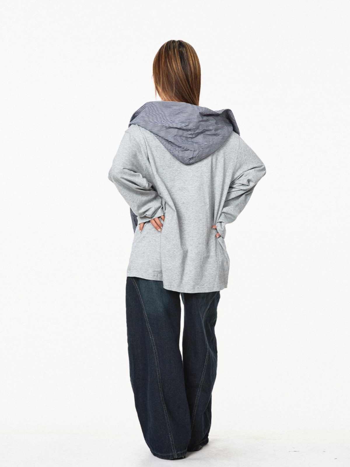 Retro Fake Two-piece Hooded Plaid Shawl Casual Long Sleeve T-shirt Top