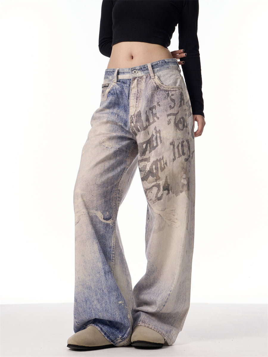 3D Printing Gradient Letter Printed Jeans Long Pants