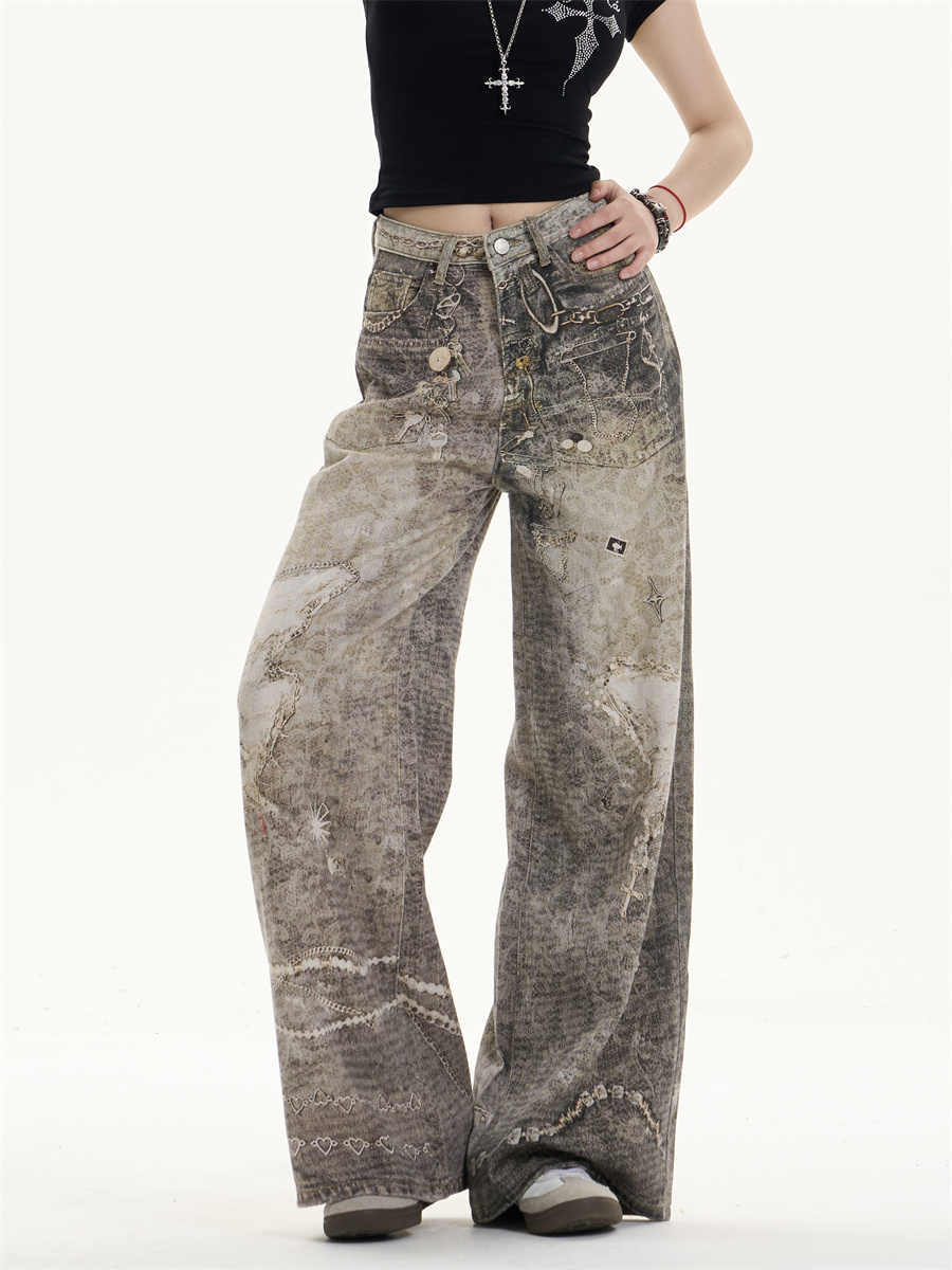 Retro Washed Worn Jeans Loose Straight Wide-leg Pants
