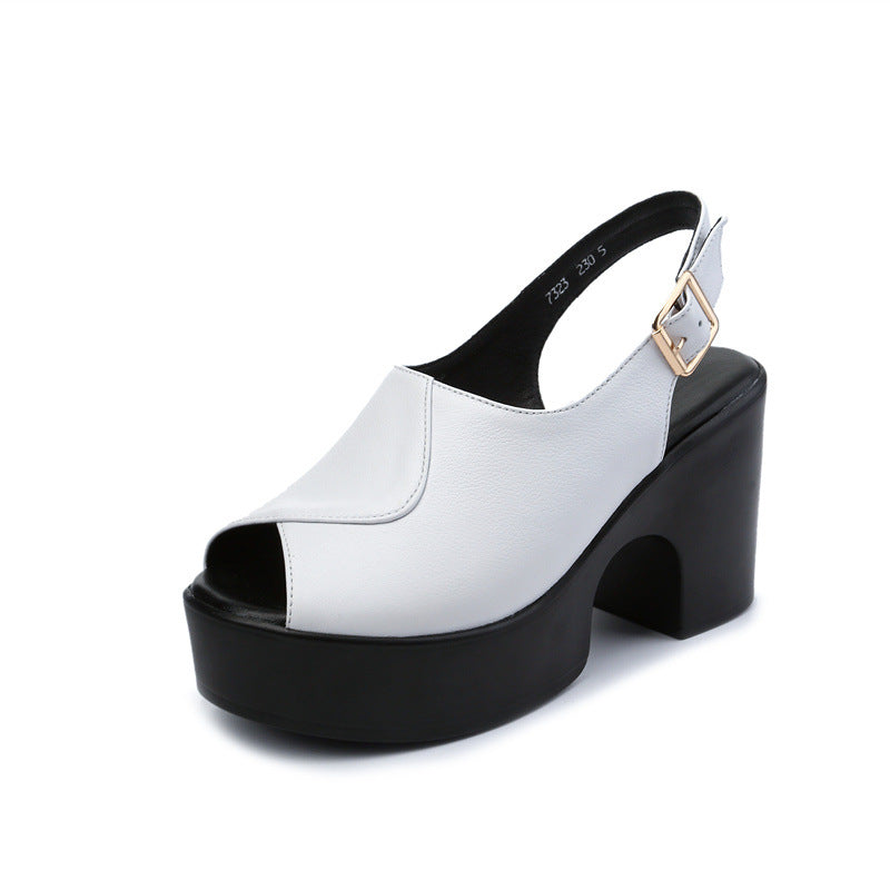 First-Layer Cowhide Platform Heel with Structured Block Base