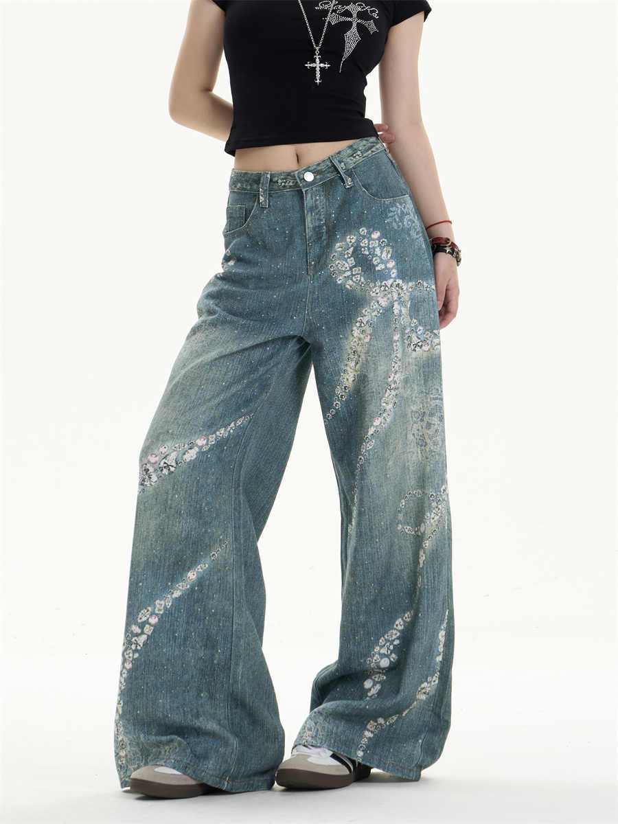 Women's Bowknot Printed Jeans Loose Wide-leg Pants