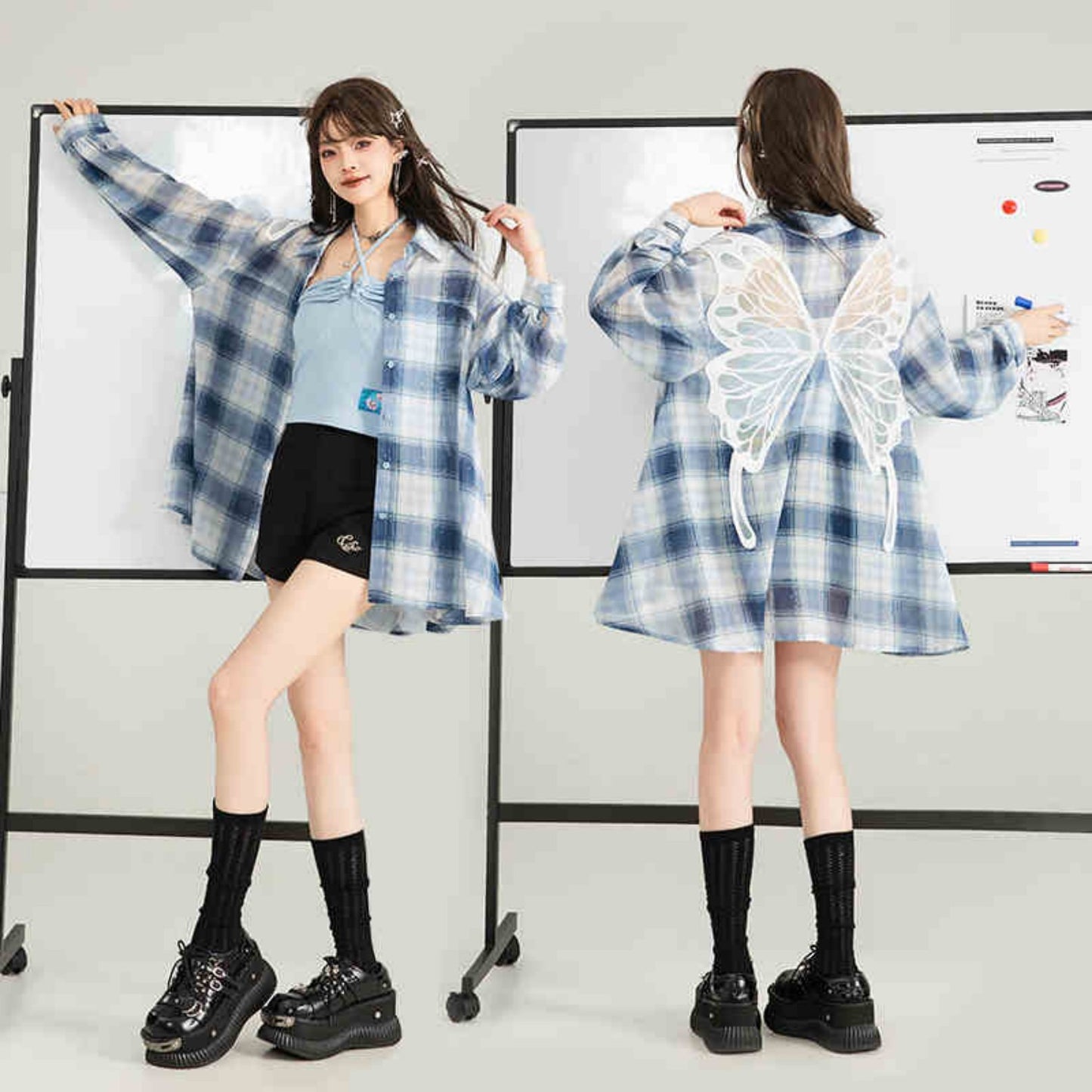 Butterfly Embroidered Black Long Sleeve Shirt