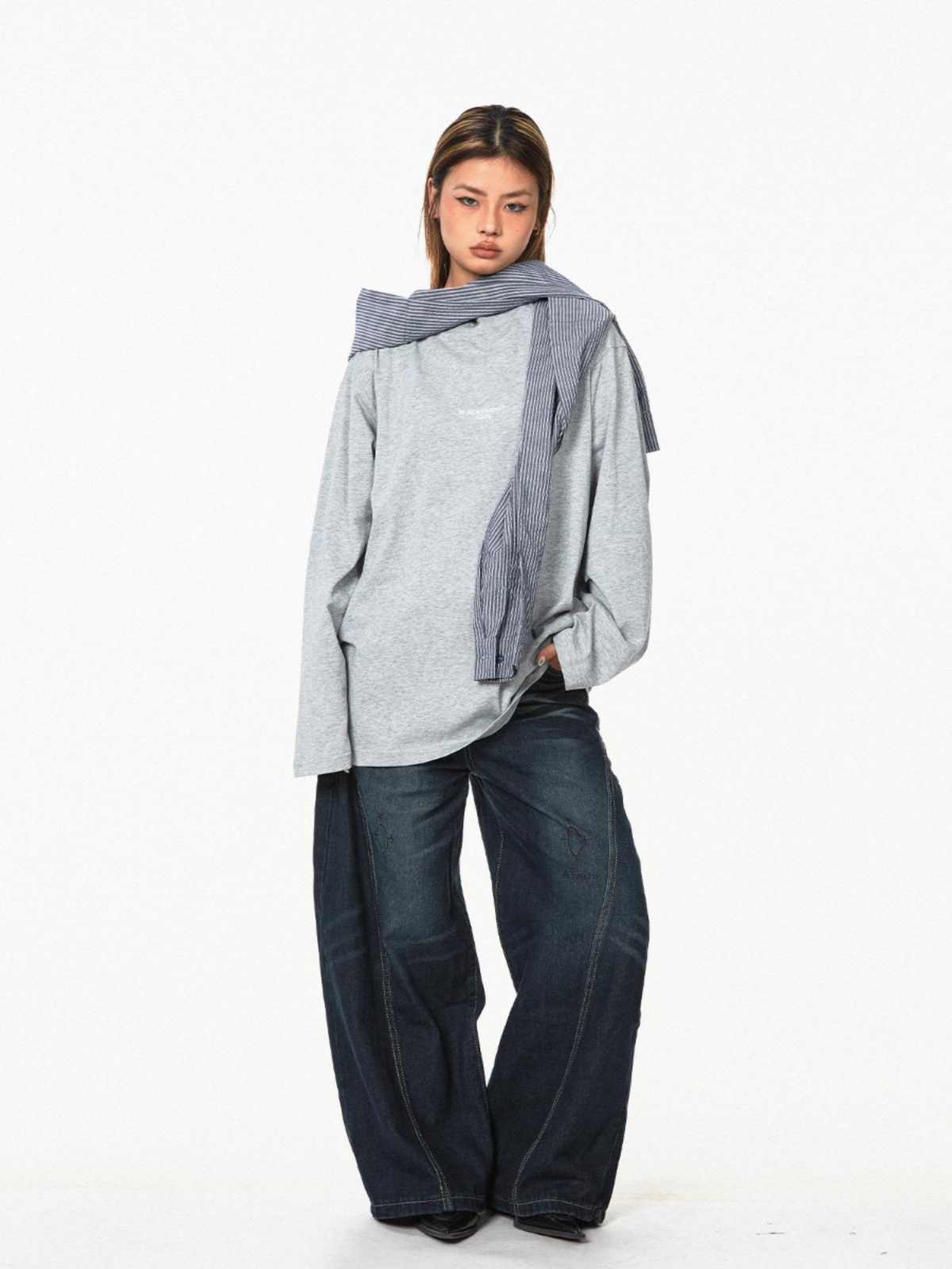 Retro Fake Two-piece Hooded Plaid Shawl Casual Long Sleeve T-shirt Top