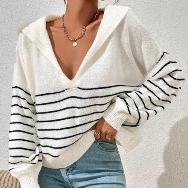 Fashion Striped Contrast Color Long Sleeves Simple Loose And Idle Polo Collar Top