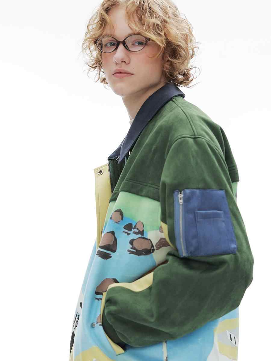 Retro Patchwork Baseball Uniform Men's Flight Suede Jacket