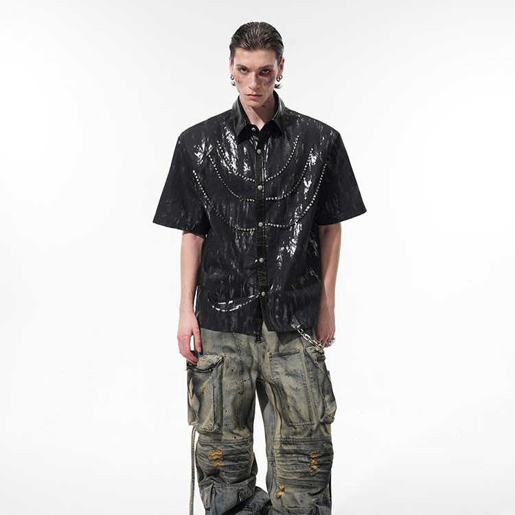 Niche Metal Coated Padded Shoulder Short Sleeve Shirt For Men