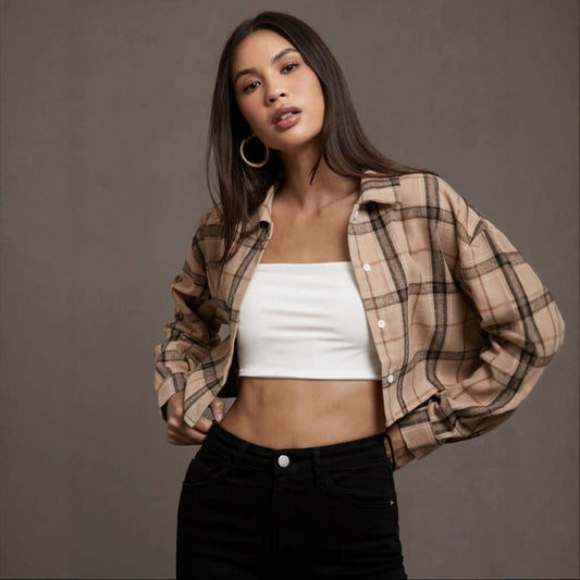 European And American Women's Clothing Short Long Sleeve Plaid Cropped Hot Girl Lapel Shirt