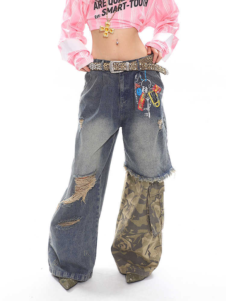 Stitched Camouflage Jeans Fake Two-piece Chain Printed Wide-leg Pants