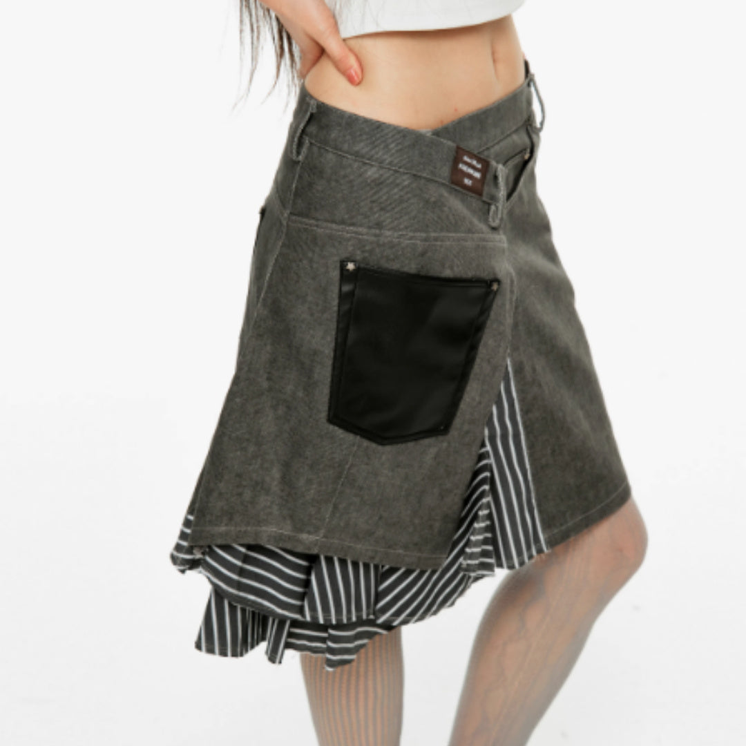 Splicing Irregular Half Skirt, Women's Fringed Twill Mid Skirt