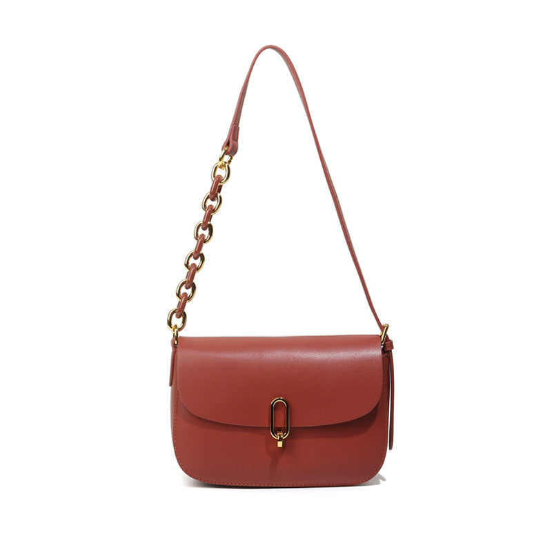Minimal Flap Shoulder Bag — First-Layer Cowhide with Chain Accent