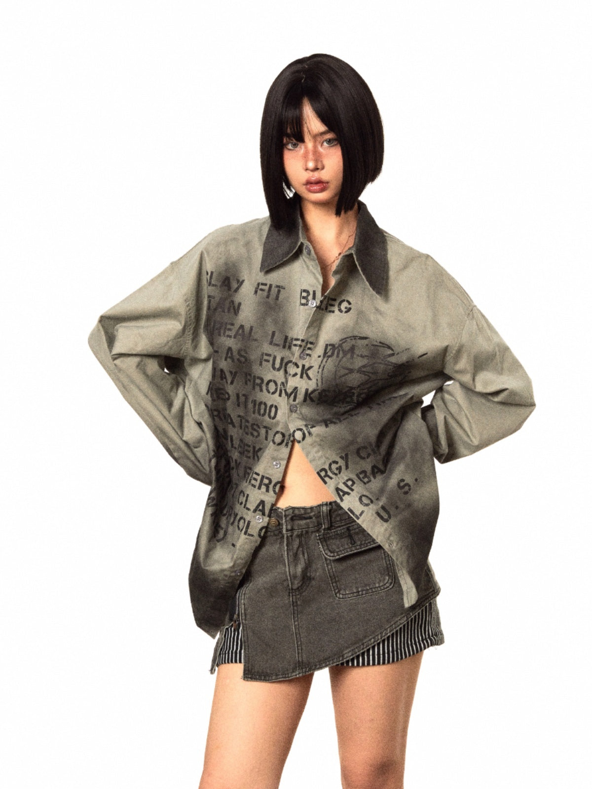 Letter Distressed Printed Long-sleeved Shirt Retro Gradient Loose Casual Women