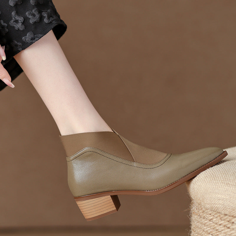 Retro Pointed Toe Chunky Heel Booties