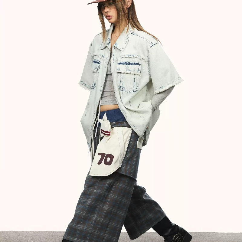 Women's Retro Washed Denim Frayed Short-sleeved Shirt