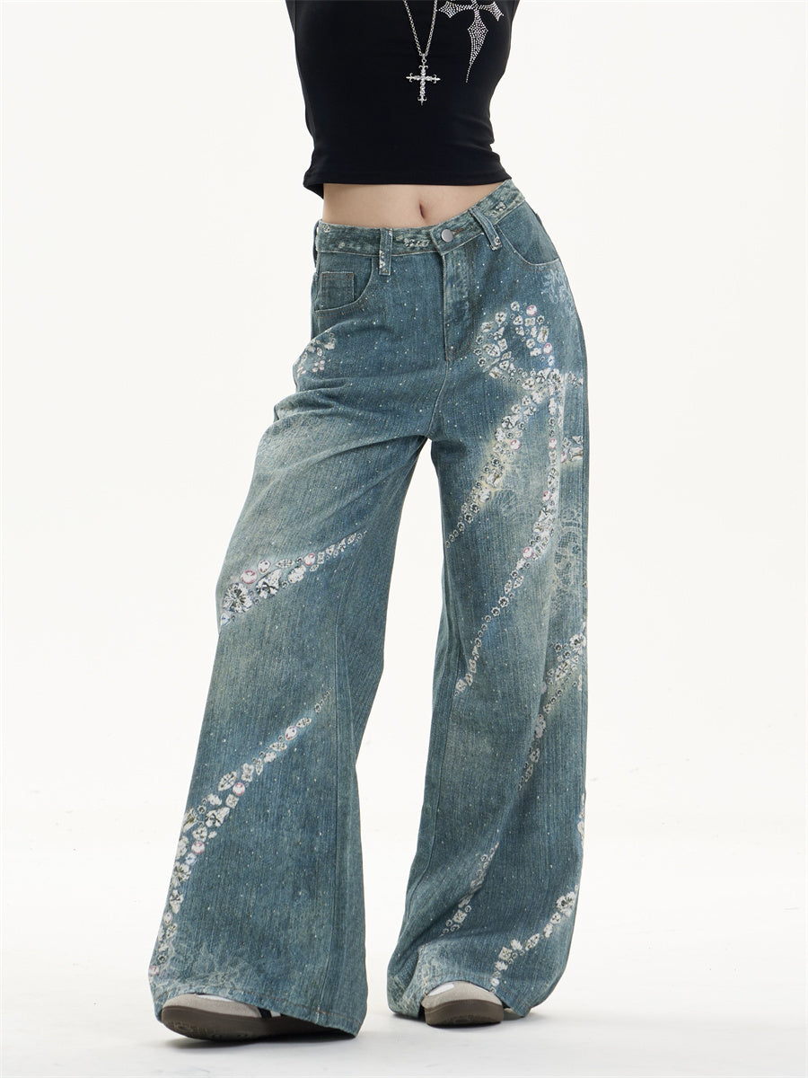 Women's Bowknot Printed Jeans Loose Wide-leg Pants