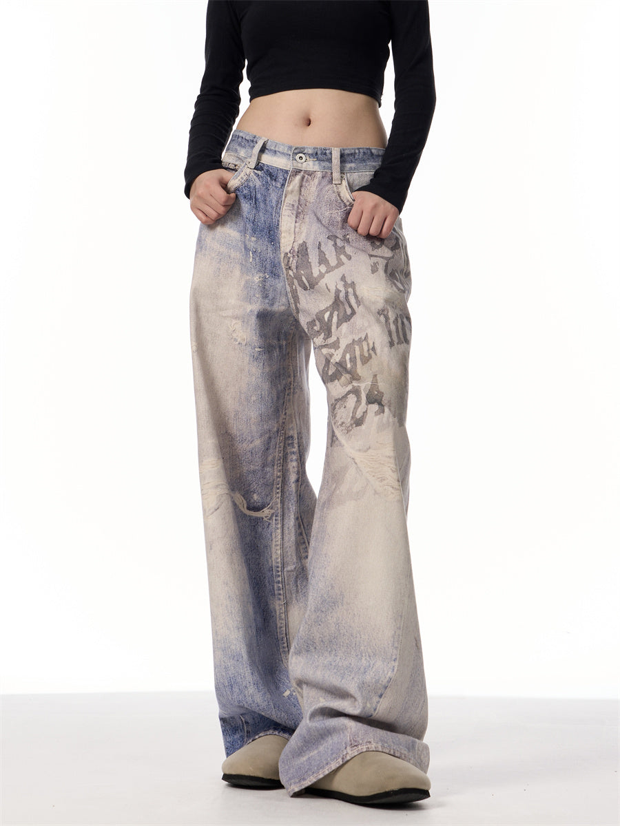 3D Printing Gradient Letter Printed Jeans Long Pants