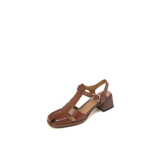 Structured T-Strap Block Heel – Two-Layer Cowhide