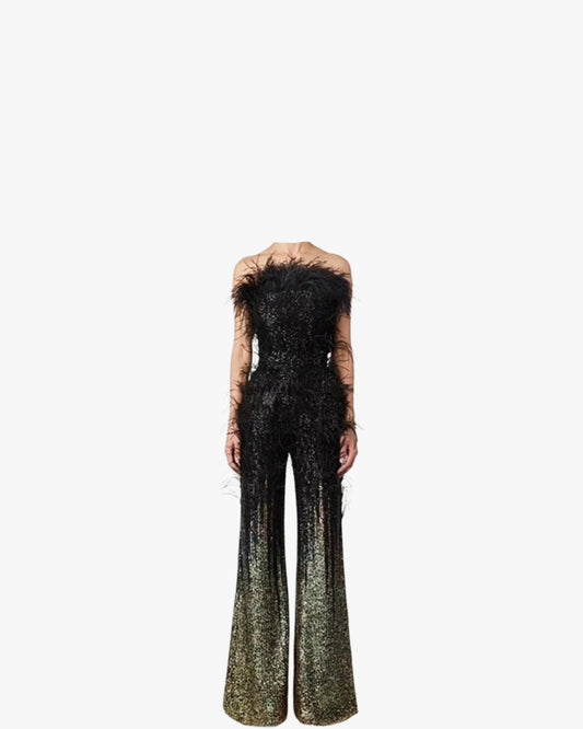 Ostrich Feather Gradient Sequin Tube Top Jumpsuit