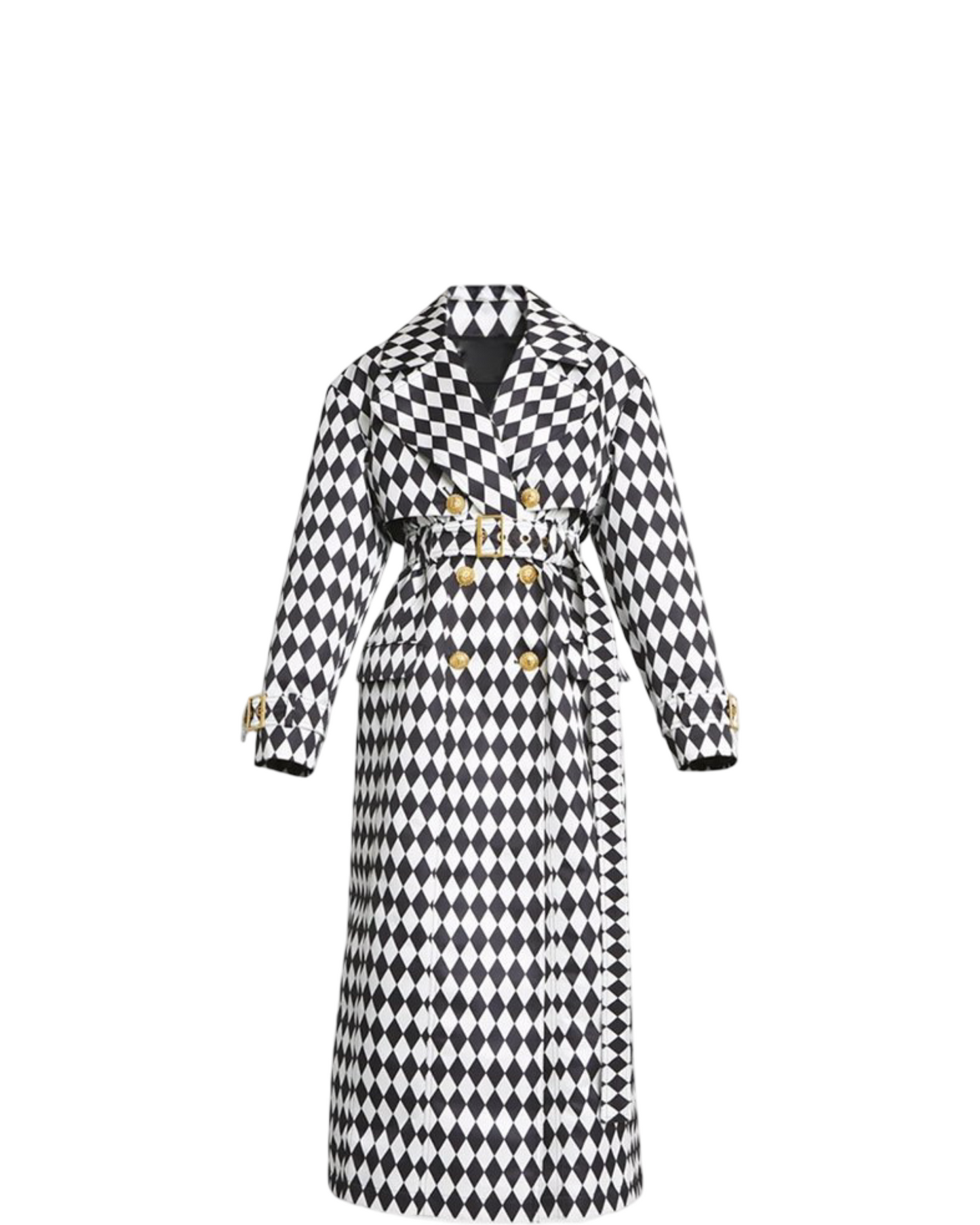 Black And White Diamond Grid Belt Long Trench Coat