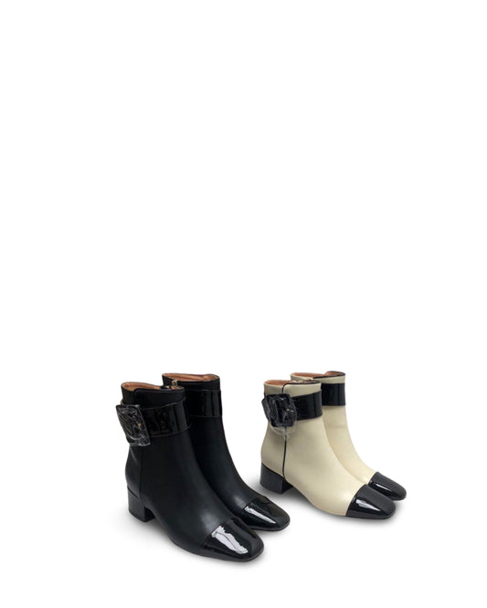 Women's Buckle Side Zipper Color Matching Cowhide Ankle Boots