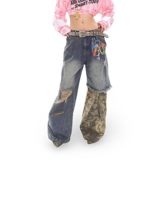 Stitched Camouflage Jeans Fake Two-piece Chain Printed Wide-leg Pants