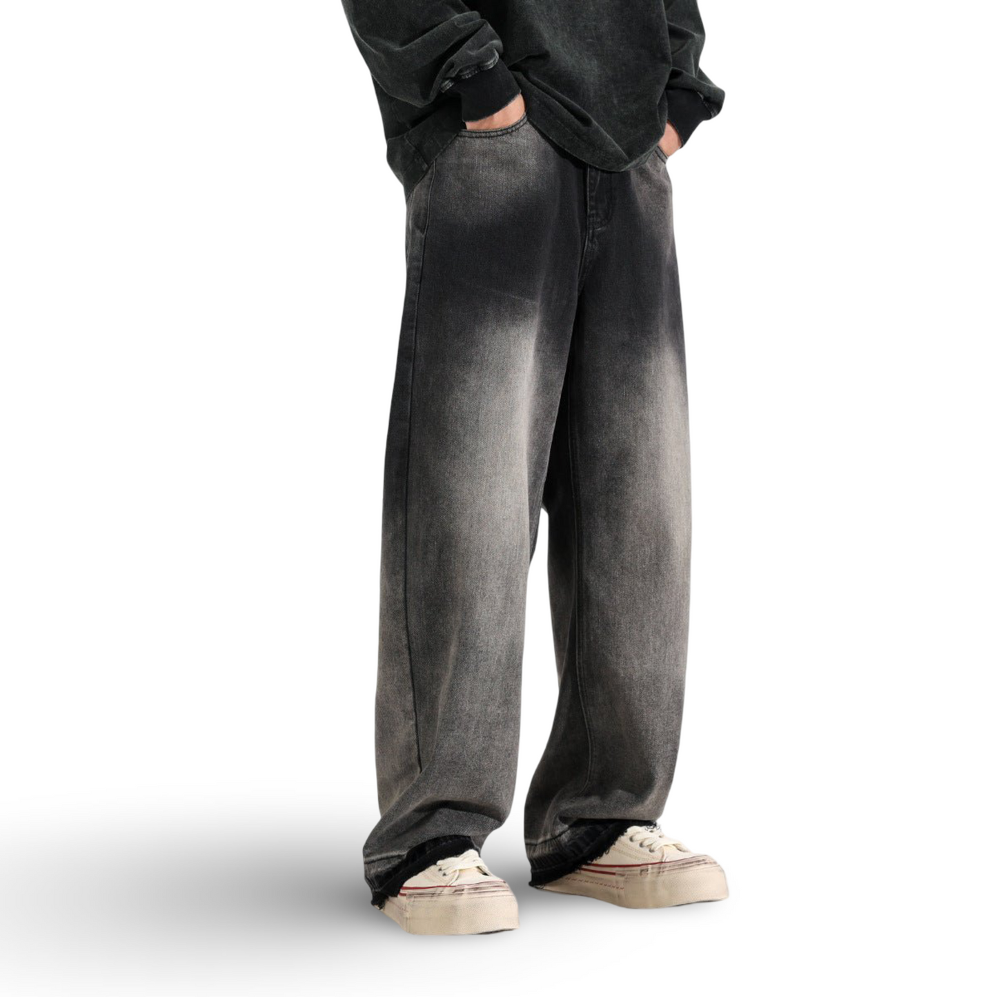 American-style Heavy Washed Black And Gray Straight Jeans Men's Loose Wide Leg Casual Trousers