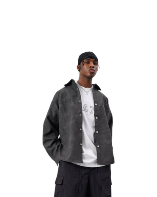 Retro American Street Style Worn Looking Washed-out PU Leather Shirt