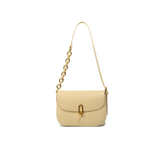 Minimal Flap Shoulder Bag — First-Layer Cowhide with Chain Accent
