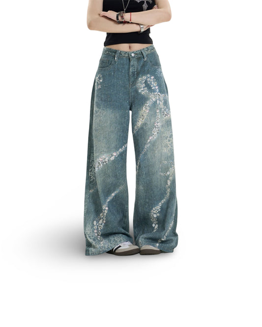 Women's Bowknot Printed Jeans Loose Wide-leg Pants