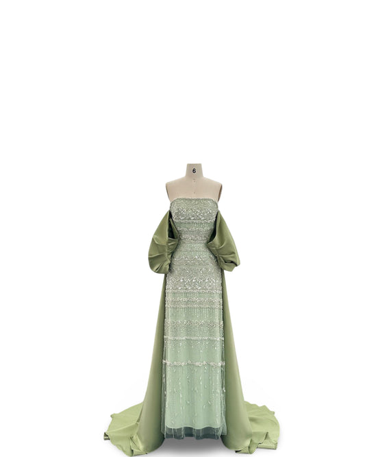 Foreign Trade Tube Top Heavy Industry Beads Off-shoulder Satin Trailing Evening Dress