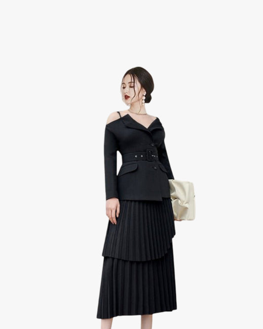 Solid Color Niche Slimming Waist Pleated Mid-length Dress Set