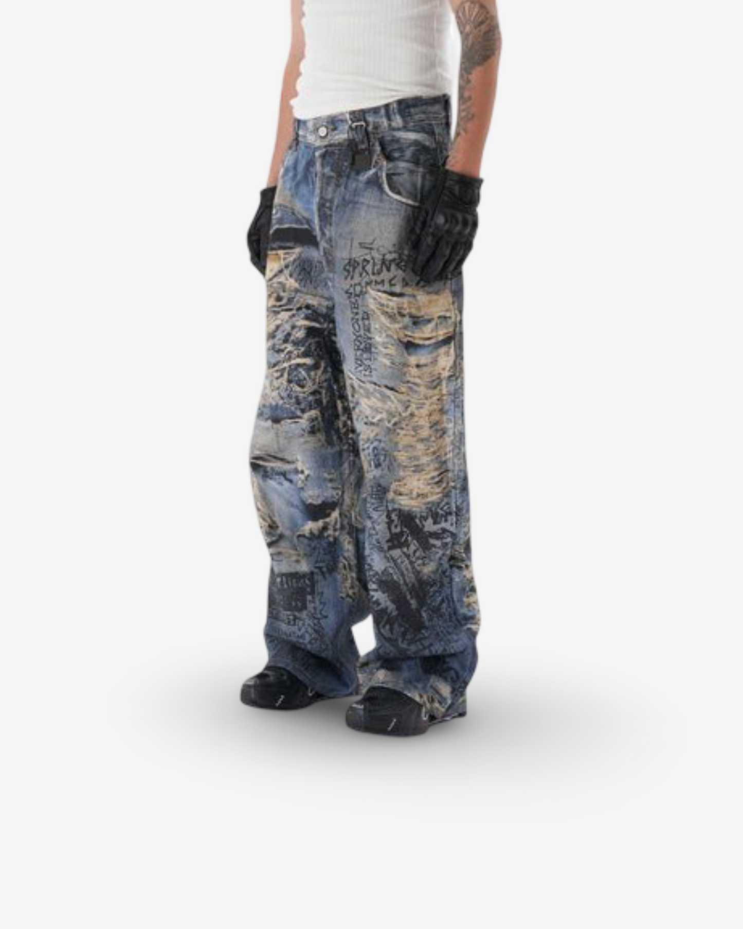 3D Digital Printing Ripped Graffiti Straight Jeans