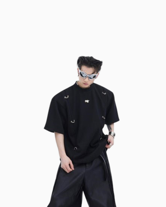 Niche Metal Embellished Padded Shoulder Round Neck T-shirt For Men