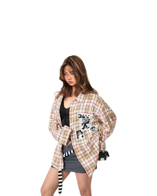 Retro Distressed Brushed Printed Plaid Shirt Loose Top