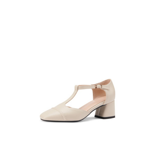Genuine Leather T-Strap Block Heel — Everyday Structure Edition