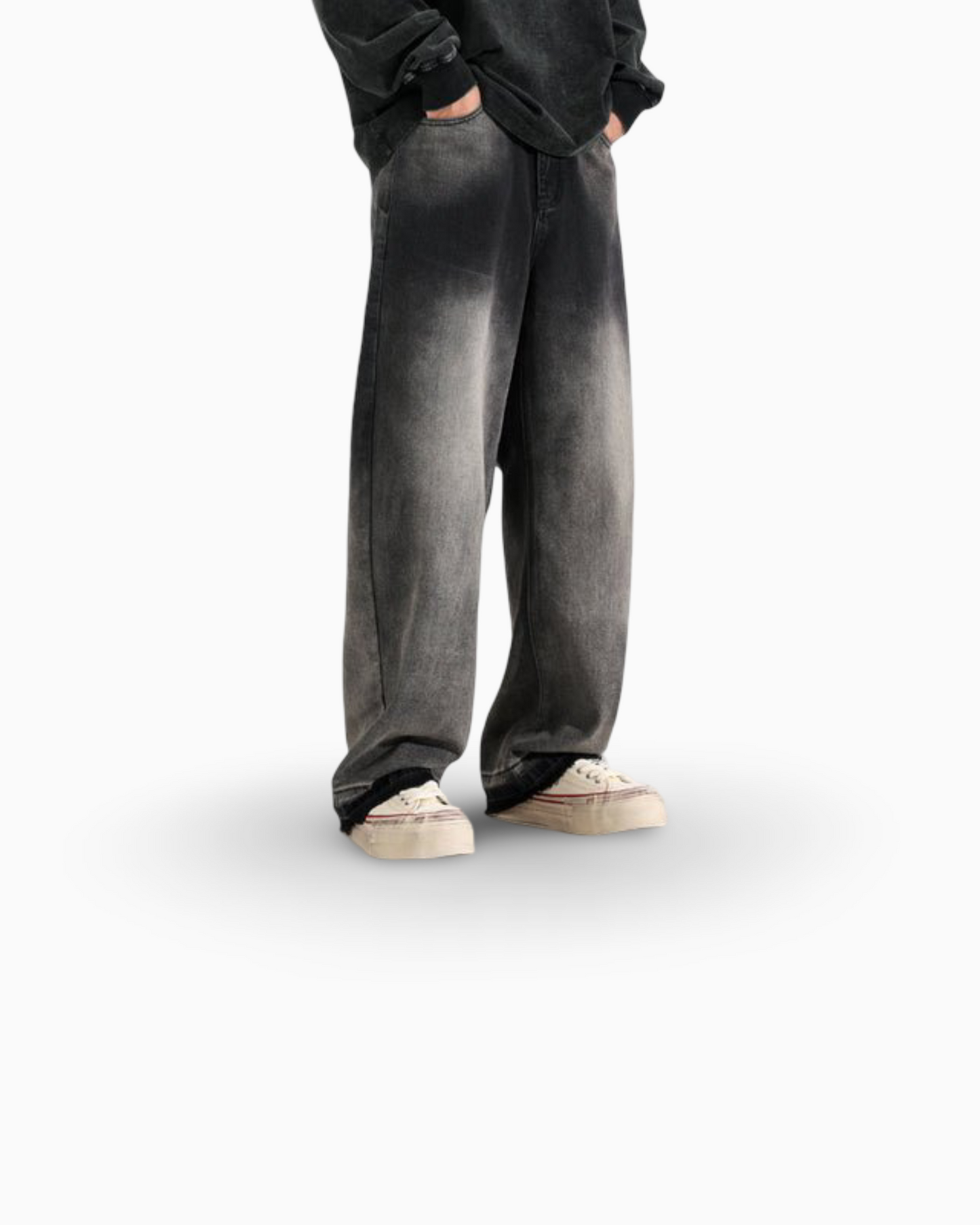 American-style Heavy Washed Black And Gray Straight Jeans Men's Loose Wide Leg Casual Trousers